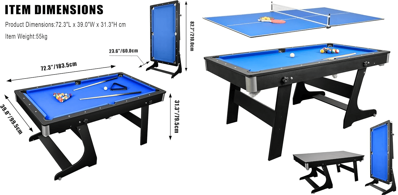 Combination folding, pool, snooker and table tennis table