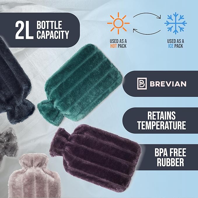 2 Litre Large Hot Water Bottle with Soft Luxury Faux Fur Cover UK (Plum Purple, Regular)