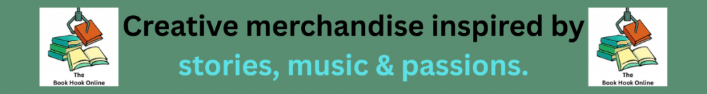The Book Hook Online Etsy Shop Banner, featuring the text "Creative merchandise inspired by stories, music & passions" positioned between two "The Book Hook Online" logos.