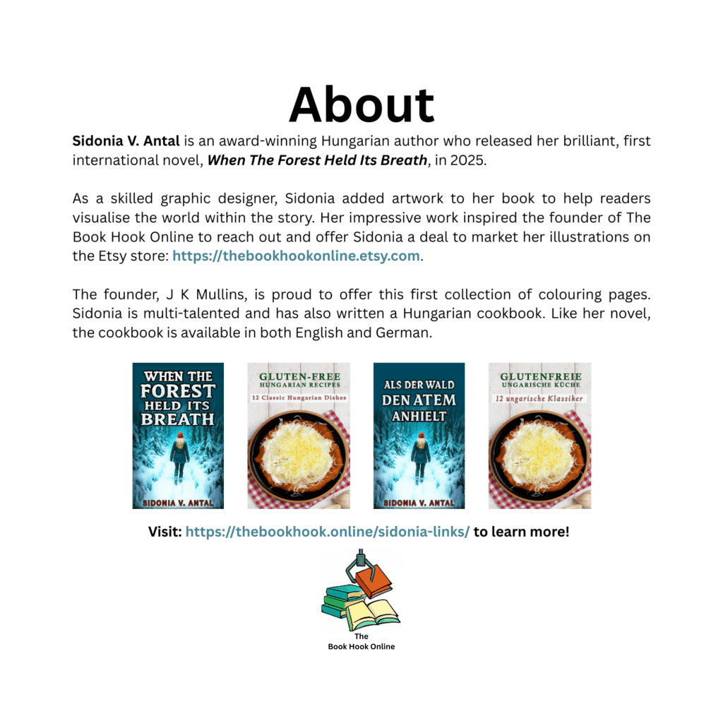 An image that describes the collaboration between The Book Hook Online, J K Mullins, and author Sidonia V. Antal regarding a set of colouring pages available for digital download on Etsy.