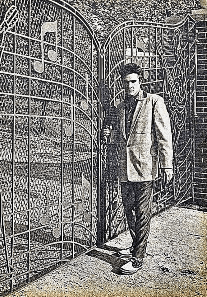 Elvis at his custom “Music Gates”, 1957.