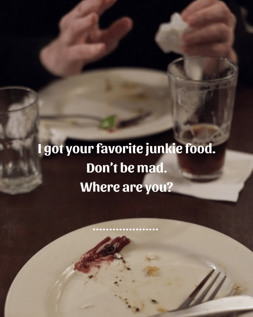 The poster for "I got your favorite junkie food", by Erica Ma. A poem on the Free Poetry page.