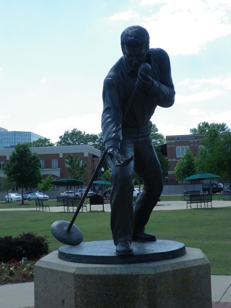 Elvis statue in Tupelo, close to the site of the 1956 performances, photographed in 2017.