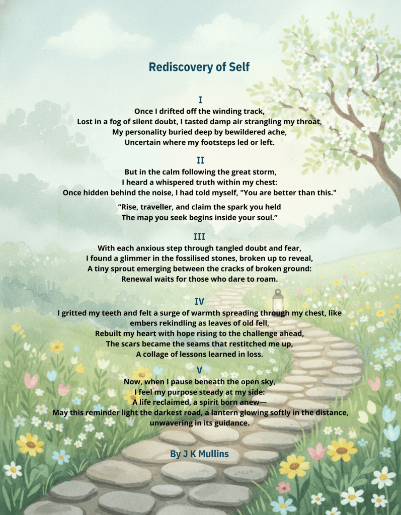 The poem, Rediscovery of Self, by J K Mullins in the Free Poetry page.