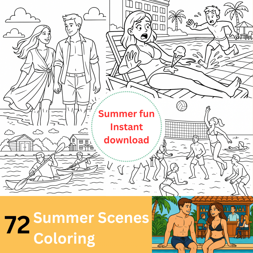 72 Summer Scenes Coloring Pages for Instant download
