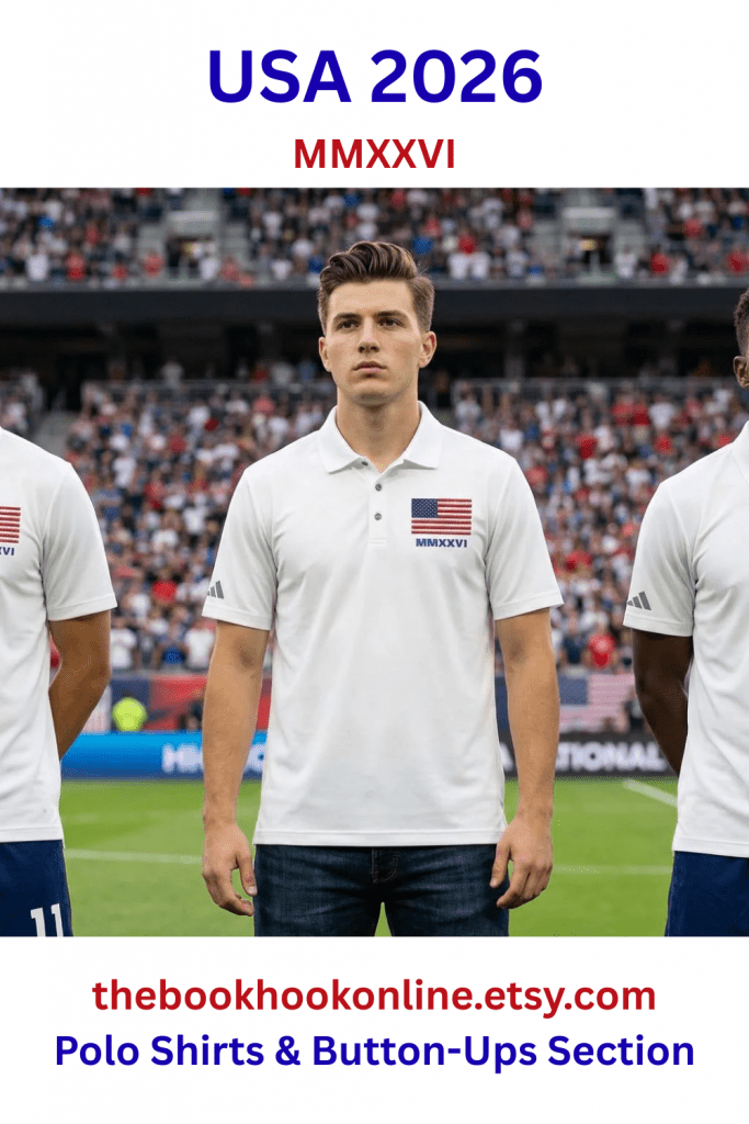 A soccer player in a line-out before the game, wearing the USA 2026 embroidered polo shirt. The shirt is white and features the American flag on the left chest with the Roman numerals MMXXVI below it.