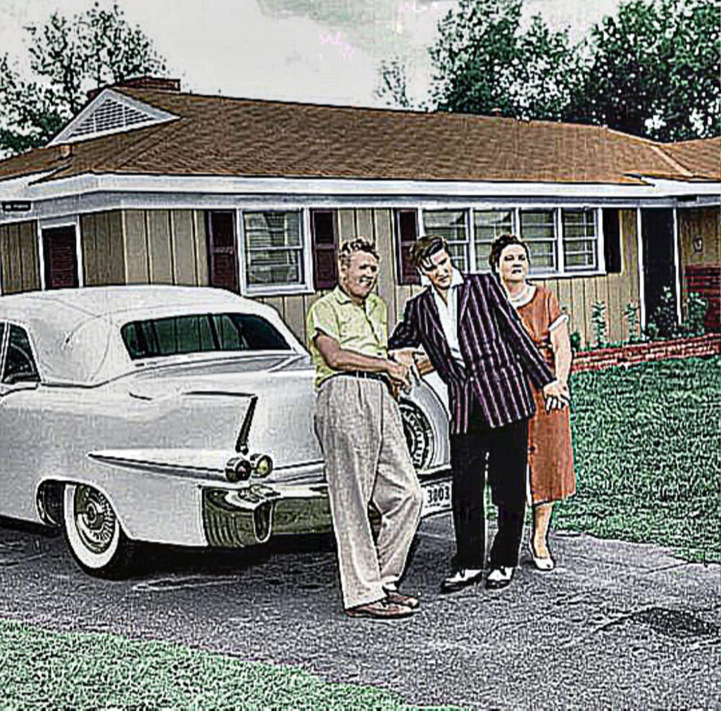 Vernon, Elvis & Gladys at Audubon Drive, 1956.
