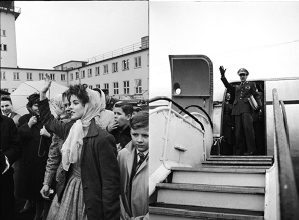 Priscilla and Elvis waving to each other as Elvis leaves Germany, March 2, 1960.