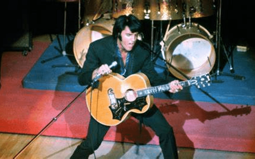 Elvis in black at the International Hotel, Las Vegas, 1969.