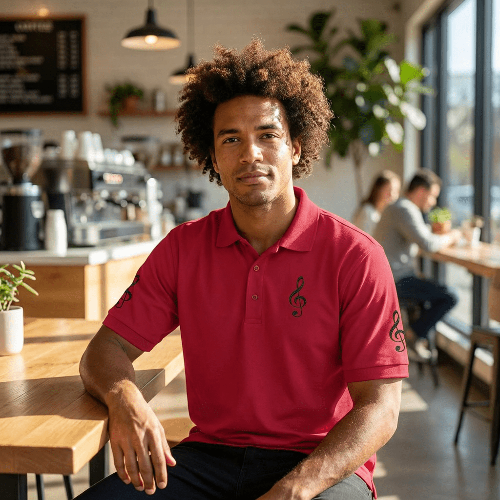 Young man with curly hair sits at a wooden cafe counter, facing the camera, wearing a red polo shirt with treble clef logos on the sleeves and chest.