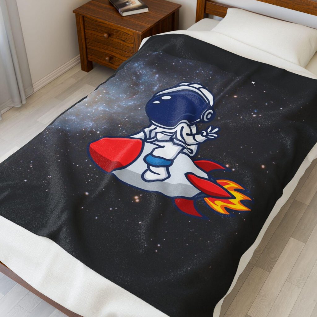 Compra mis diseños en Etsy - Mantas y Plaids - Astronauta de dibujos animados en un cohete deslizándose por una escena espacial estrellada en una manta.