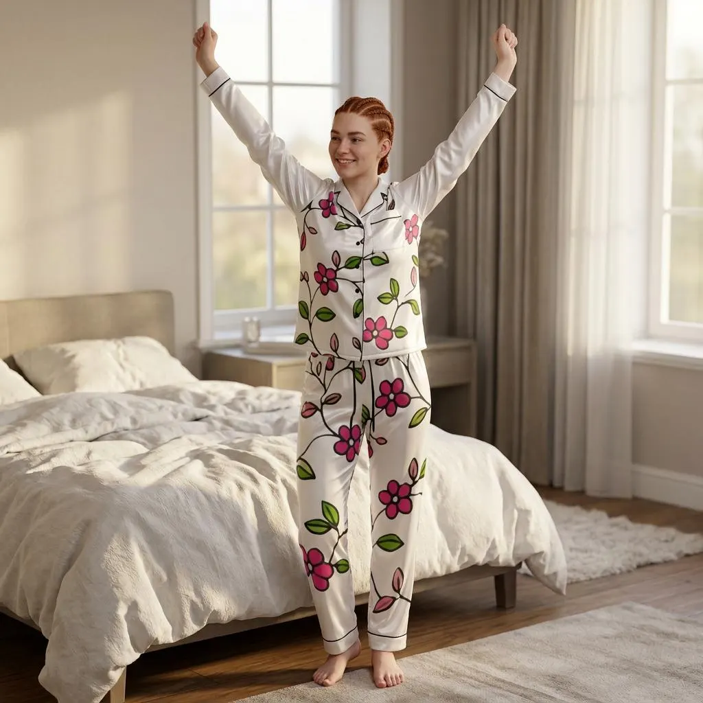 Compra mis diseños en Etsy - Ropa de dormir - Pijama de satén con flores blancas.