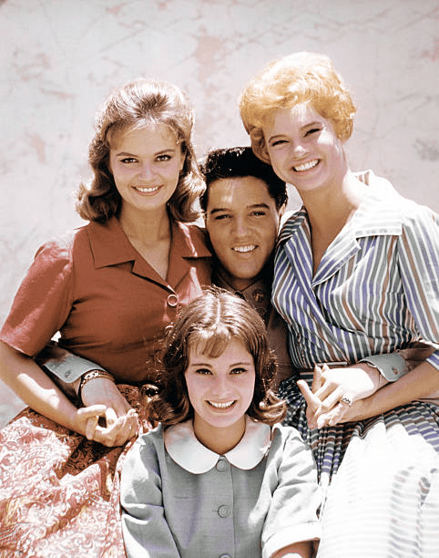 Leticia Roman (Tina), Elvis, Juliet Prowse, and Sigrid Maier (Marla) during filming of G.I. Blues.