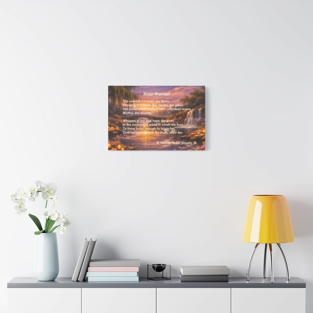 River Woman, by Victoria Reiby. Poetic wall canvas hung on a wall.