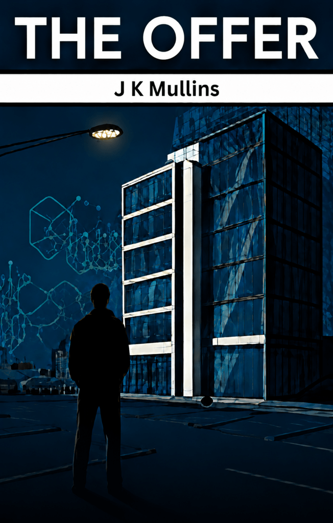 Book cover: title 'THE OFFER' with author 'J K Mullins' over a dark blue cityscape and streetlight, silhouette of a person in foreground.