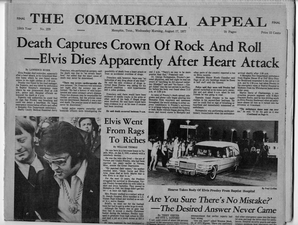 The Commercial Appeal, manchetes, 17 de agosto de 1977. A tragédia final.