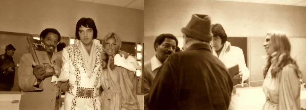 Elvis tras bastidores en The Silverdome, con el alcalde de Pontiac, Wallace Holland, la reportera de Oakland Press, Jackie Kallen, y el Coronel Parker.