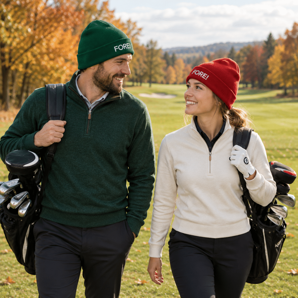 Casal de golfistas - Gorro verde e vermelho - Produtos desportivos