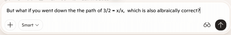 Prompting AI to consider dividing both sides of the equation 3x = 2x, by x.