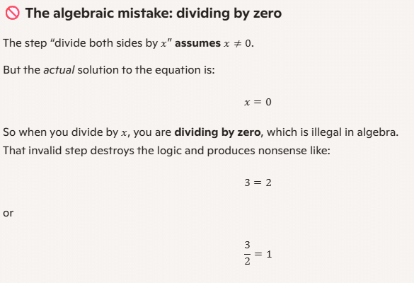An explanation of an algebraic mistiake from AI.