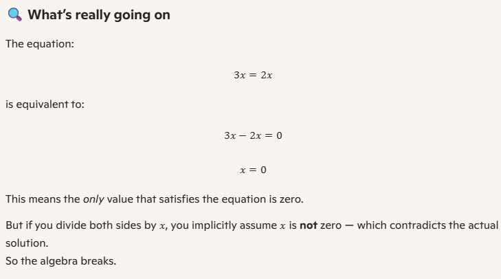 Continuation of the explanation for the algebraic solution to the equation 3x = 2x.