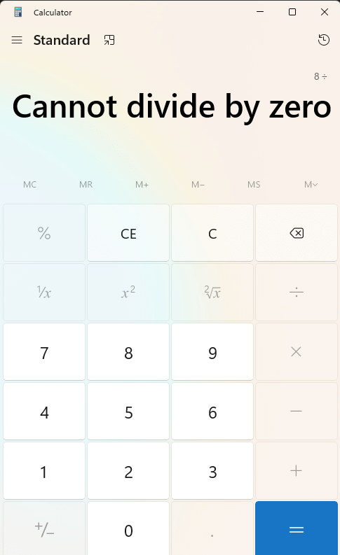 A calculator showing a cannot divide by zero message.